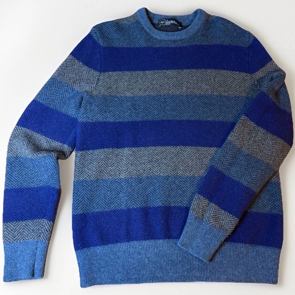 Gap Large Crewneck Sweater Herringbone Blue Striped Lambswool Blend Collegiate